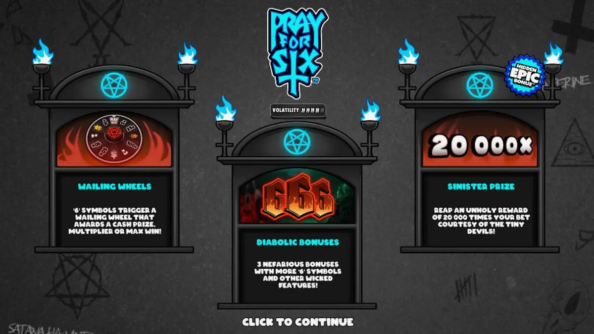 Isang madilim at gothic na eksena mula sa slot na Pray for Six na nagpapakita ng mga kakaibang simbolo.