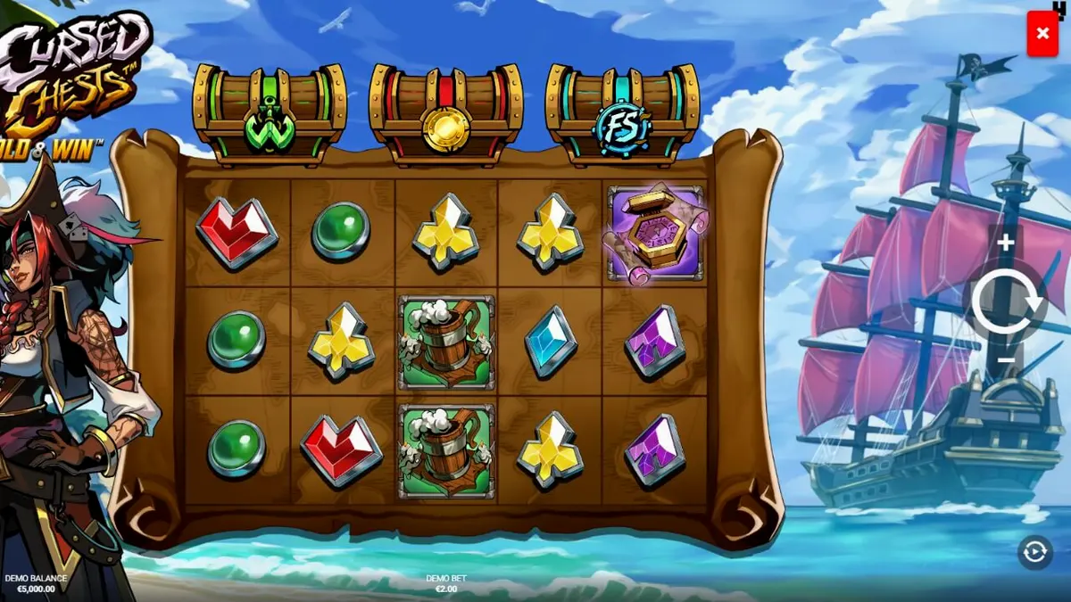 Isang makulay na visual ng 3 Cursed Chests: Hold & Win slot na may temang pirata.