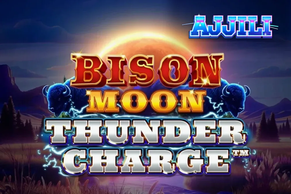 Isang madilim at ma-atmosperikong tanawin ng bison sa ilalim ng kidlat para sa Bison Moon: Thunder Charge.